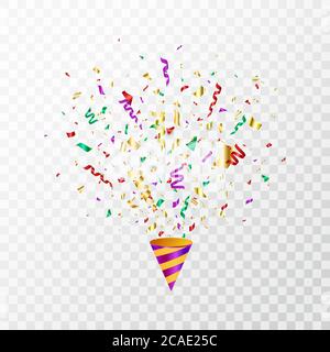 Colorati confetti volanti su sfondo trasparente. Cracker di partito con confetti di colore, serpentina. Una bella e vivace tindella festiva. Pop-per party. Design per le vacanze Illustrazione Vettoriale