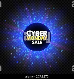 Banner di vendita Cyber Monday con stelle scintillanti e luce a esplosione. Cartello blu e viola brillante, pubblicità notturna. Background di vendita annuale. Buona d Illustrazione Vettoriale