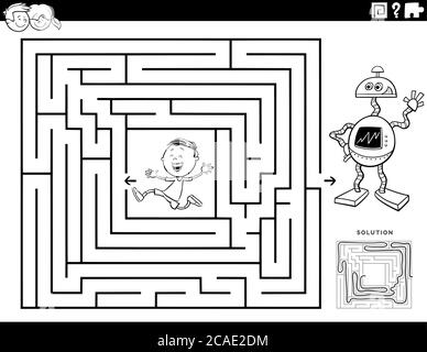 Cartoon bianco e nero Illustrazione di gioco di Puzzle di labirinto educativo per i bambini con il carattere del ragazzo e la pagina del libro di colorazione del robot del giocattolo Illustrazione Vettoriale