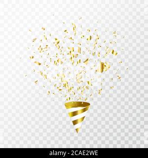 I confetti d'oro volano su sfondo trasparente. Cracker party con confetti dorati, serpentina. Una bella e vivace tindella festiva. Pop-per party. Design per le vacanze el Illustrazione Vettoriale
