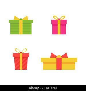 Scatole regalo isolate su sfondo bianco. Collezione di premi. Vendita, concetto di shopping. Icona regalo cartone animato per compleanno, festa, invito di natale, g Illustrazione Vettoriale