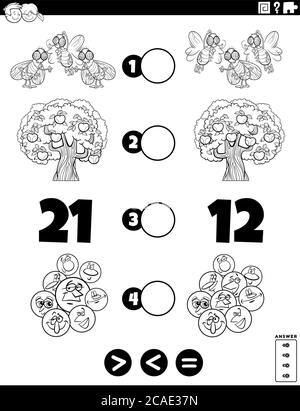 Cartoon in bianco e nero Illustrazione di Puzzle Matematico educativo compito di maggiore, minore o uguale a per bambini con oggetti e Char Illustrazione Vettoriale