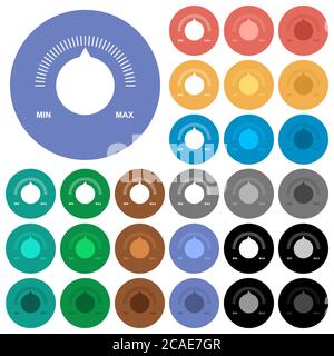 Controllo del volume con didascalie icone piatte multicolore su sfondi rotondi. Incluse variazioni delle icone bianche, chiare e scure per il passaggio del mouse e lo stato attivo Illustrazione Vettoriale