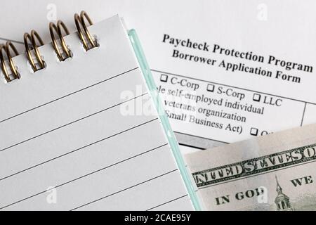 programma di protezione paycheck. modulo di richiesta mutuatario. profondità limitata della foto di campo. Foto Stock