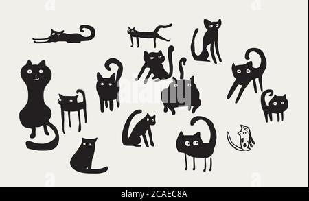 Set di divertenti gatti neri. Illustrazione cartoon. Illustrazione Vettoriale