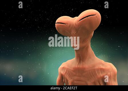 Personaggio alieno e visitatore UFO e creatura umanoide extraterrestre che sospira concetto come un simbolo per la ricerca di vita intelligente. Illustrazioni 3D Foto Stock