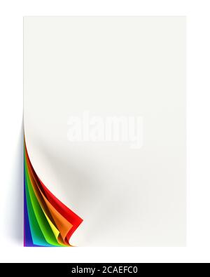 Il documento bianco si presenta con un angolo arricciato di colore arcobaleno Foto Stock