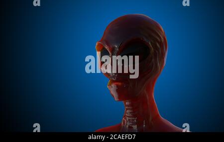 Alieno rosso, rappresentazione 3d di un alieno umanoide su sfondo blu Foto Stock