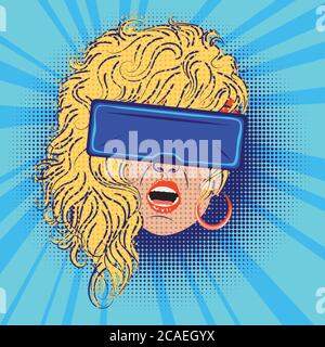 Donna spaventata e scioccata in occhiali per realtà virtuale, stile pop art retrò con mezzitoni. Illustrazione Vettoriale