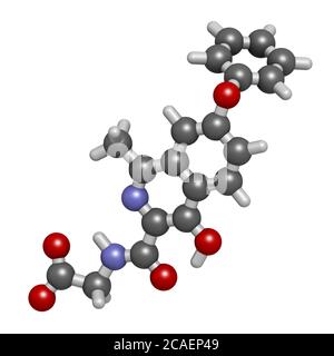 Molecola di farmaco di Roxadustat. Rendering 3D. Gli atomi sono rappresentati come sfere con codifica cromatica convenzionale: Idrogeno (bianco), carbonio (grigio), azoto (bl Foto Stock