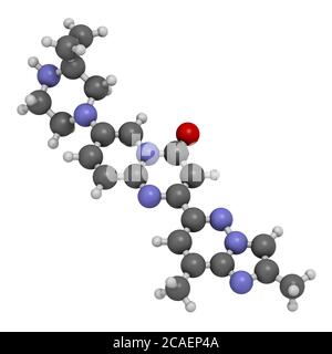 Molecola di farmaco atrofia muscolare spinale Risdipham. Rendering 3D. Gli atomi sono rappresentati come sfere con codifica a colori convenzionale: Idrogeno (bianco), carb Foto Stock