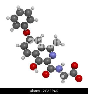 Molecola di farmaco di Roxadustat. Rendering 3D. Gli atomi sono rappresentati come sfere con codifica cromatica convenzionale: Idrogeno (bianco), carbonio (grigio), azoto (bl Foto Stock