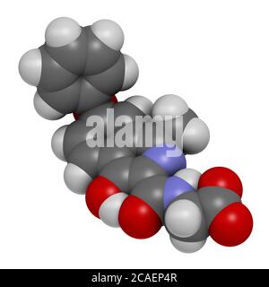 Molecola di farmaco di Roxadustat. Rendering 3D. Gli atomi sono rappresentati come sfere con codifica cromatica convenzionale: Idrogeno (bianco), carbonio (grigio), azoto (bl Foto Stock
