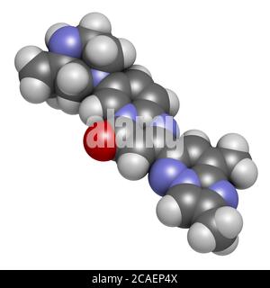 Molecola di farmaco atrofia muscolare spinale Risdipham. Rendering 3D. Gli atomi sono rappresentati come sfere con codifica a colori convenzionale: Idrogeno (bianco), carb Foto Stock