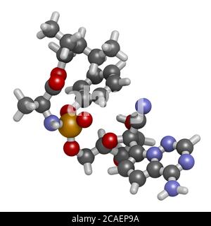 Molecola di farmaco antivirale di Remdesivir. Rendering 3D. Gli atomi sono rappresentati come sfere con codifica a colori convenzionale: Idrogeno (bianco), carbonio (grigio), n Foto Stock