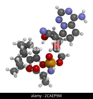 Molecola di farmaco antivirale di Remdesivir. Rendering 3D. Gli atomi sono rappresentati come sfere con codifica a colori convenzionale: Idrogeno (bianco), carbonio (grigio), n Foto Stock