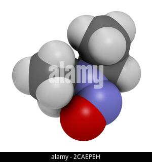 N-nitroso-dietilammina o molecola cancerogena NDEA. Rendering 3D. Gli atomi sono rappresentati come sfere con codifica a colori convenzionale: Idrogeno (bianco), Foto Stock