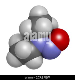 N-nitroso-dietilammina o molecola cancerogena NDEA. Rendering 3D. Gli atomi sono rappresentati come sfere con codifica a colori convenzionale: Idrogeno (bianco), Foto Stock