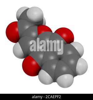 Molecola di farmaco per il cancro della Napabucasina. Rendering 3D. Gli atomi sono rappresentati come sfere con codifica cromatica convenzionale: Idrogeno (bianco), carbonio (grigio), ossig Foto Stock