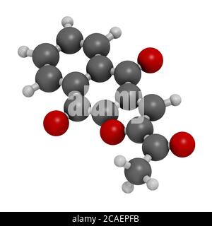 Molecola di farmaco per il cancro della Napabucasina. Rendering 3D. Gli atomi sono rappresentati come sfere con codifica cromatica convenzionale: Idrogeno (bianco), carbonio (grigio), ossig Foto Stock