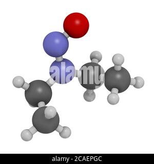N-nitroso-dietilammina o molecola cancerogena NDEA. Rendering 3D. Gli atomi sono rappresentati come sfere con codifica a colori convenzionale: Idrogeno (bianco), Foto Stock