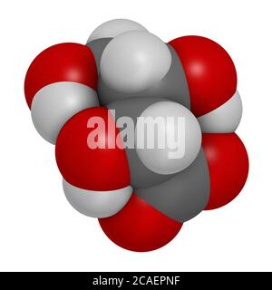 Molecola di acido L-Threonico. Rendering 3D. Gli atomi sono rappresentati come sfere con codifica cromatica convenzionale: Idrogeno (bianco), carbonio (grigio), ossigeno (rosso) Foto Stock