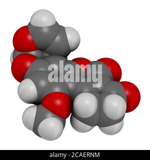 Molecola cancerogena dello stampo di aflatossina B1. Rendering 3D. Gli atomi sono rappresentati come sfere con codifica cromatica convenzionale: Idrogeno (bianco), carbonio (grigio Foto Stock