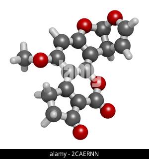 Molecola cancerogena dello stampo di aflatossina B1. Rendering 3D. Gli atomi sono rappresentati come sfere con codifica cromatica convenzionale: Idrogeno (bianco), carbonio (grigio Foto Stock