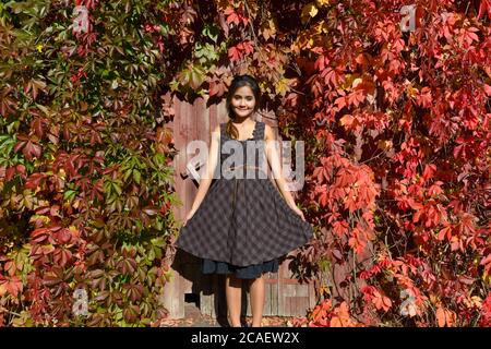 Giovane bella donna asiatica che tiene vestito contro porta di legno con foglie d'autunno Foto Stock