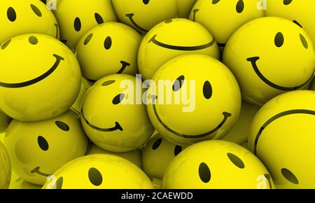 Illustrazione di un'abbondanza di facce sorridenti della sfera gialla Foto Stock