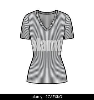 Maglia con collo a V a coste illustrazione tecnica moda con maniche a costoletta corta, lunghezza tunic. Modello di abbigliamento da outwear piatto, colore grigio. Donna, uomo, maglia unisex top mockup CAD Illustrazione Vettoriale