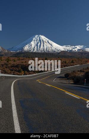 Una vista dalla strada del deserto del Monte Ngauruhoe nell'altopiano vulcanico della Nuova Zelanda. Foto Stock