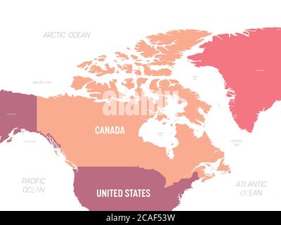 Mappa del Canada. Mappa politica dettagliata del Canada e dei paesi limitrofi con etichettatura dei nomi di paesi, oceani e mari. Illustrazione Vettoriale