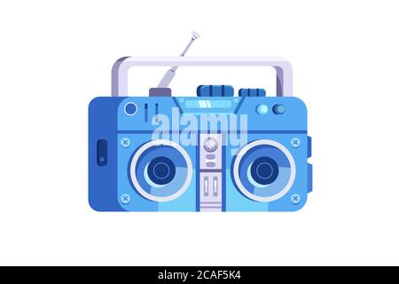 Lettore di nastri, audio e canzoni in stile piatto degli anni '80. Illustrazione Vettoriale