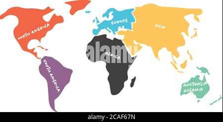 Mappa mondiale multicolore divisa in sei continenti in diversi colori: Nord America, Sud America, Africa, Europa, Asia e Australia Oceania. Mappa vettoriale di silhouette semplificata con etichette dei nomi dei continenti. Illustrazione Vettoriale