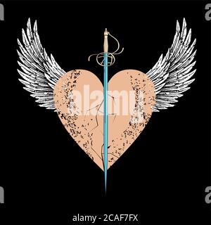 Disegno vettoriale per t-shirt di una spada su un cuore alato isolato su nero. Immagine di una lama e di un cuore che volano. Illustrazione Vettoriale