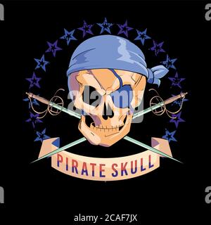 Illustrazione vettoriale del cranio pirata, con cerotto oculare e due spade incrociate su sfondo nero. Bandiera pirata per poster o t-shirt. Illustrazione Vettoriale