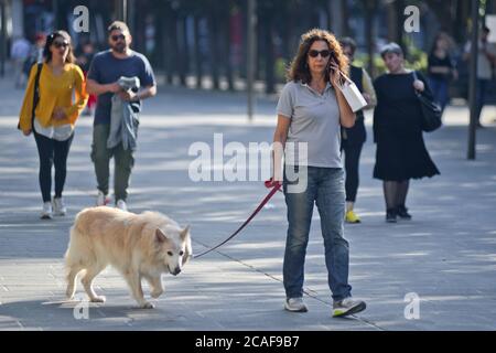 Donna che cammina il suo cane e parla al telefono in Piazza Umberto i, Via Sparano da Bari. Bari, Italia Foto Stock