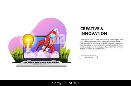 Iniziate l'innovazione creativa e il concetto aziendale con l'illustrazione di notebook, razzi, luci. Illustrazione Vettoriale