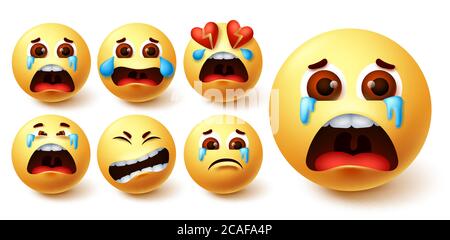 Emoji smiley piangendo in lacrime insieme vettoriale. Emoji piangendo faccia in piangere, triste, rotto cuore e dolore espressione facciale per drammatica collezione di emoticon Illustrazione Vettoriale