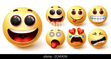 Set di vettori emojis smiley. Smileys emoji viso giallo con felice, eccitato, affamato, vertiginoso e rotto cuore espressione facciale per i social media Illustrazione Vettoriale