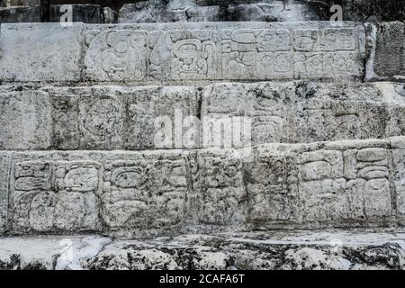 Glifi scolpiti in pietra su una scala nelle rovine della città maya di Palenque, Palenque National Park, Chiapas, Messico. Patrimonio dell'umanità dell'UNESCO. Foto Stock