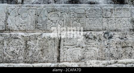 Glifi scolpiti in pietra su una scala nelle rovine della città maya di Palenque, Palenque National Park, Chiapas, Messico. Patrimonio dell'umanità dell'UNESCO. Foto Stock