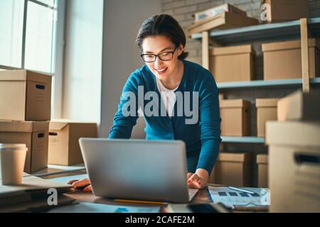 Donna sta lavorando al magazzino per il venditore in linea. Concetto di piccola impresa di fotoricettore. Foto Stock