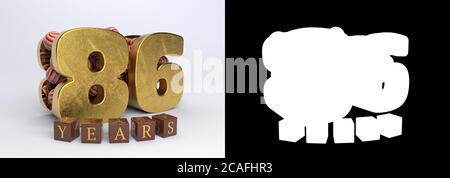 Numero 86 (numero ottantasei) anniversario celebrazione disegno con candies rotondo e l'iscrizione anni da cubi su uno sfondo bianco con ombra Foto Stock