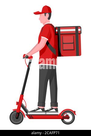 Consegna uomo che guida calciatore scooter con la scatola. Concetto di consegna rapida in città. Corriere maschile con box sul retro con merci e prodotti. Illustrazione vettoriale piatta Cartoon Illustrazione Vettoriale