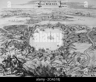 Piano dell'assedio da parte dei turchi e liberazione di Vienna, Austria, nel 1683, il secondo assedio turco / Plan der Belagerung durch die Tuerken und Befreiung von Wien, oesterreich, 1683, zweite Tuerkenbelagerung, Historisch, storico, Riproduzione digitale migliorata di un originale del 19 ° secolo / digitale Reproduktion einer Originalvollage aus dem 19. Jahrhundert, Foto Stock