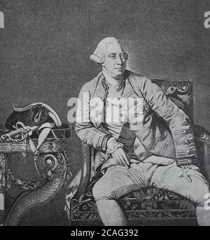 Giorgio III. Wilhelm Friedrich George William Frederick, 4 giugno 1738 - 29 gennaio 1820, 1760-1801 Re di Gran Bretagna e Irlanda, poi fino alla sua morte Re del Regno Unito di Gran Bretagna e Irlanda / Georg III Wilhelm Friedrich, George William Frederick, 4. Giugno 1738 - 29. Januar 1820, von 1760 bis 1801 Koenig von Grossbritannien und Irland, danach bis zu seinem Tod Koenig des Vereinigten Koenigreichs Grossbritannien und Irland, Historisch, storico, digitale riproduzione migliorata di un originale del 19 ° secolo / digitale Reproduktion einer Originalvorlage 19. JA Foto Stock