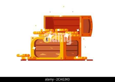 Cassa in legno vintage aperta con monete in stile piatto. Illustrazione Vettoriale