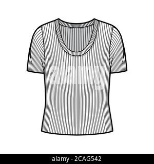 Maglia a collo a coste maglione illustrazione tecnica moda con maniche a coste corte, corpo oversize. Modello di abbigliamento da outwear piatto, colore bianco. Donna, uomo maglia unisex top mockup CAD Illustrazione Vettoriale